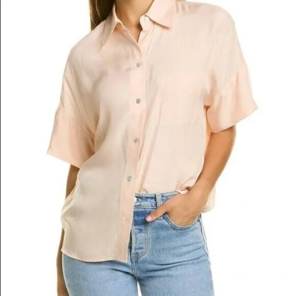 Vince Utility Pocket Stitch Short Sleeve Shirt Rose Water Size X-Small NWT - Picture 1 of 6